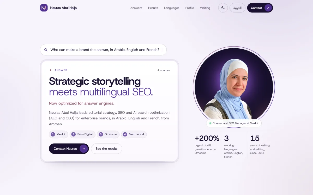 Hero section of naurasabulhaija.com, showing an AI-answer-styled introduction to Nauras Abul Haija
