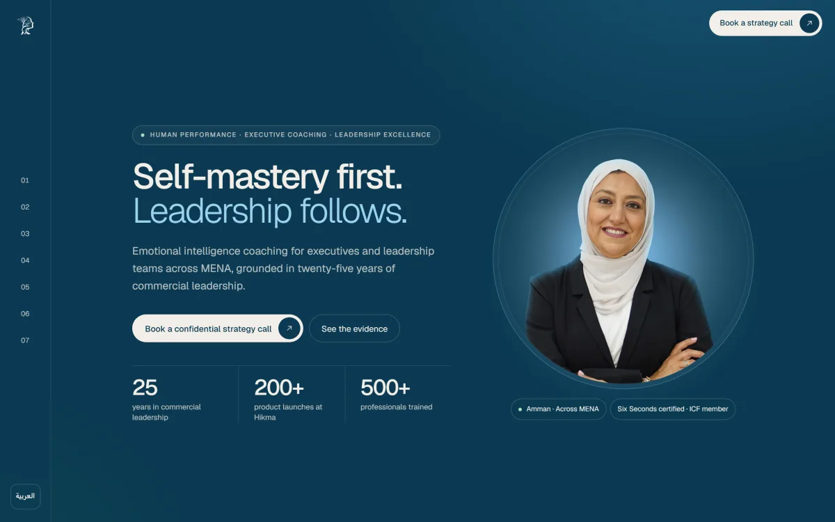 Hero section of samahnatour.com, an executive coaching page headed Self-mastery first, leadership follows